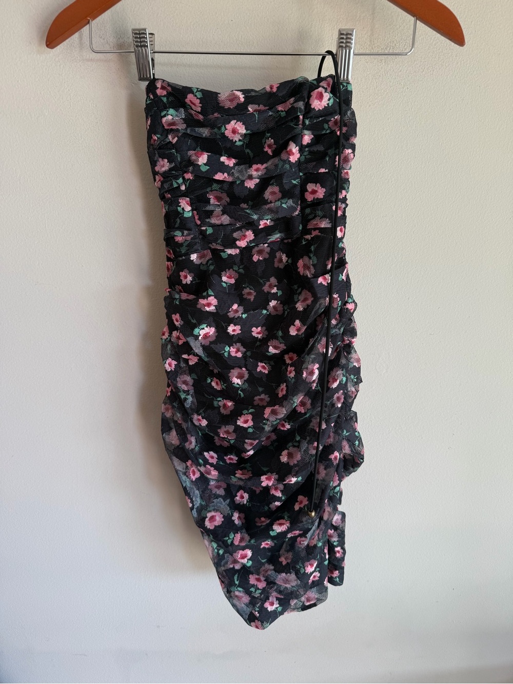 Angel‎ Biba Floral Mesh Ruched Strapless Mini Dress Lace Up Back Black Pink XS